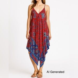 Mlle Gabrielle Flowy Maxi Dress Womens 1X Red Blue Asymmetric Scarf Hem Boho